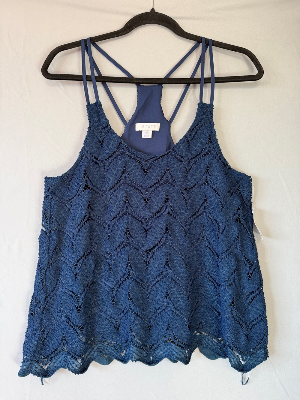1.STATE Womens Boho Crochet Doublestrap Tank Top L Navy Racerback Lined Flowy - Picture 3 of 8